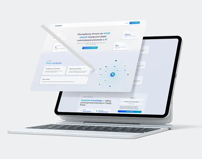 Ekran małego laptopa na białym tle prezentujący minimalistyczną stronę firmy Agentec 